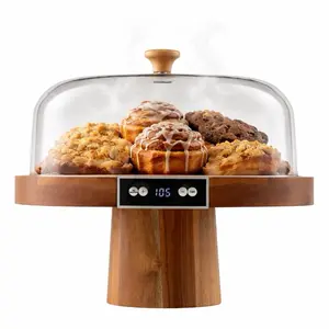 Digital Cake Stand Warmer 9.75" x 9.75" with Plastic or Glass Dome and Wooden Base for Displaying Pastries and Cakes
