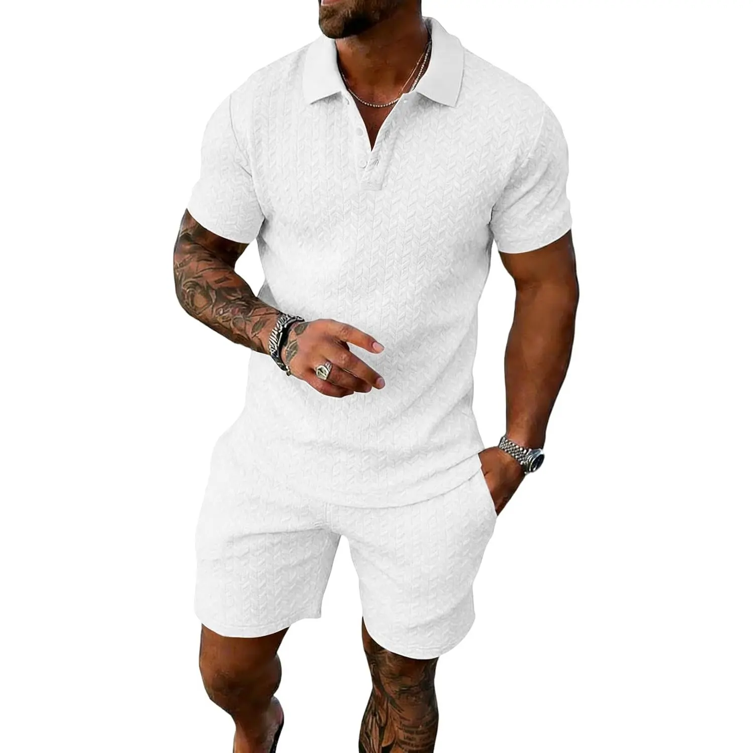 UOUA Mens Summer Outfits 2 Piece Textured Set for Beach Vocation Short Sleeve Golf Polo Shirt and Shorts
