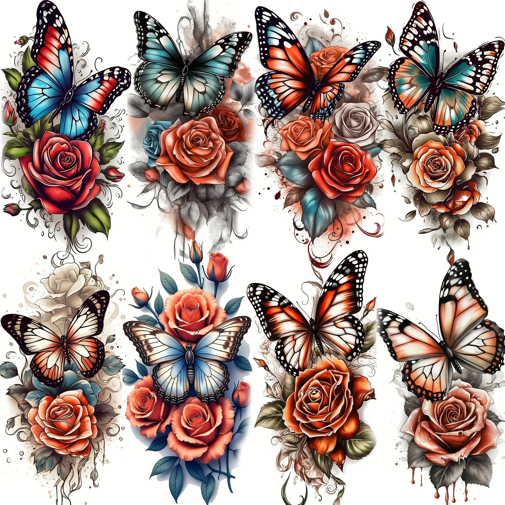 8 Sheets Realistic 3D Butterfly & Rose Temporary Tattoos, Fake Tattoos, Long-Lasting Waterproof Body Art Stickers, Easy Apply & Remove, Perfect for Parties