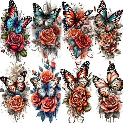 8 Sheets Realistic 3D Butterfly & Rose Temporary Tattoos, Fake Tattoos, Long-Lasting Waterproof Body Art Stickers, Easy Apply & Remove, Perfect for Parties