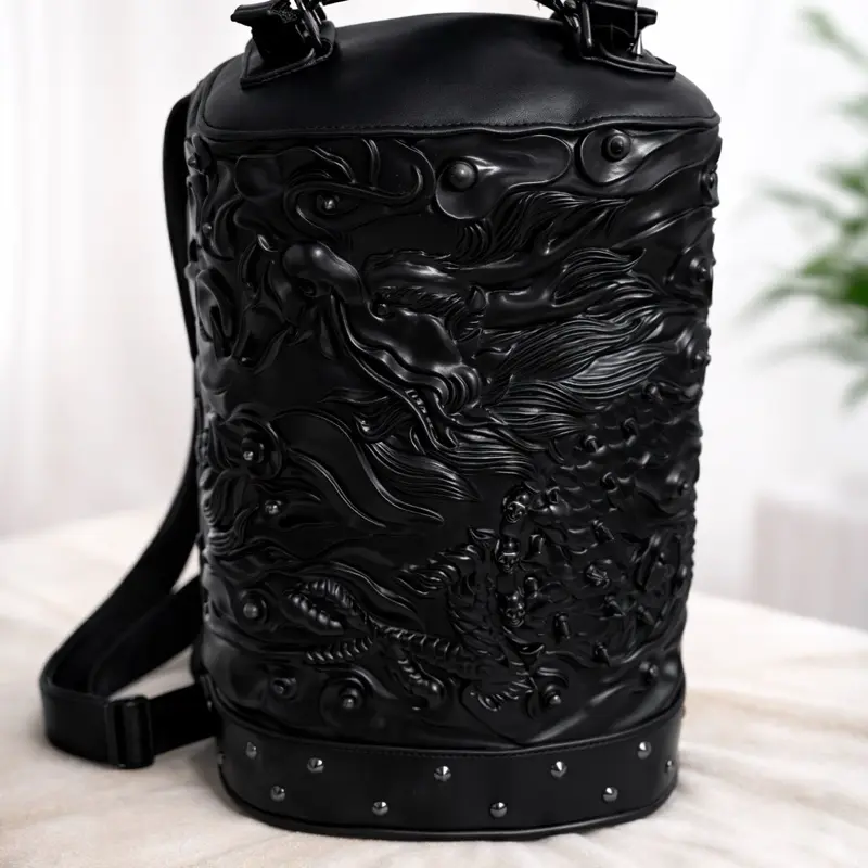 Dragon Emperor Canister Backpack - Character-Themed, Dragon Logo, Detailed Scales, Stealth Look, Black Tin Bag, SKU:3234, Character-Themed Backpacks, Dragon Logo Backpacks