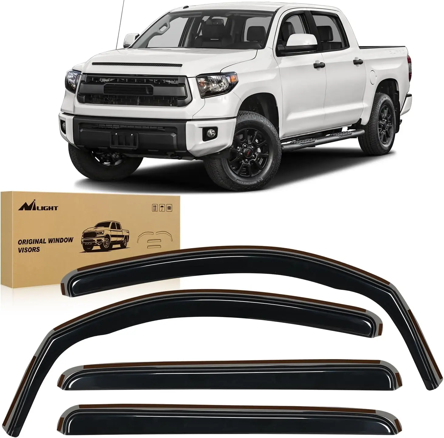 Nilight In-Channel Chrome Trim Acrylic Rain Guards, 4PCS Vent Window Deflectors with 12pcs Clips for Toyota Tundra CrewMax 2007-2021, Automotive Truck Exterior Auto Accessories for Fog-Free Rides