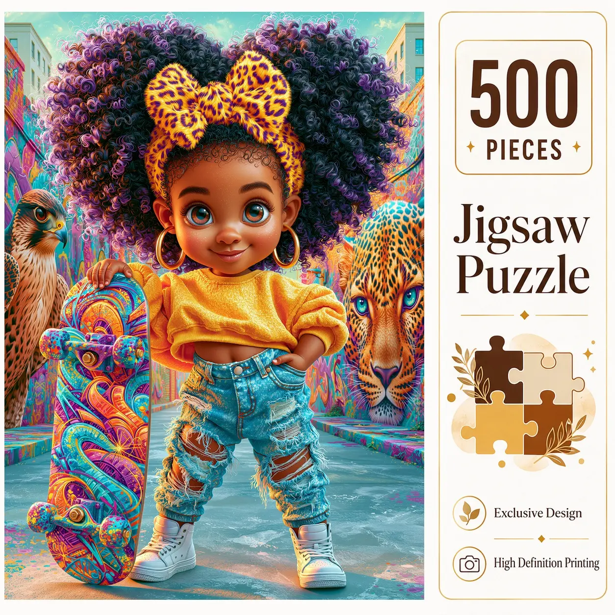 Skateboard Girl 500 Pieces Jigsaw Puzzle, Colorful Street Art Wildlife Puzzle for Adults, Family Game for Relaxation, Stress Relief, Brain Exercise Challenge, Wall Decor, Gift for Puzzle Lovers and Seniors, 15x20.5inch(38x52cm)