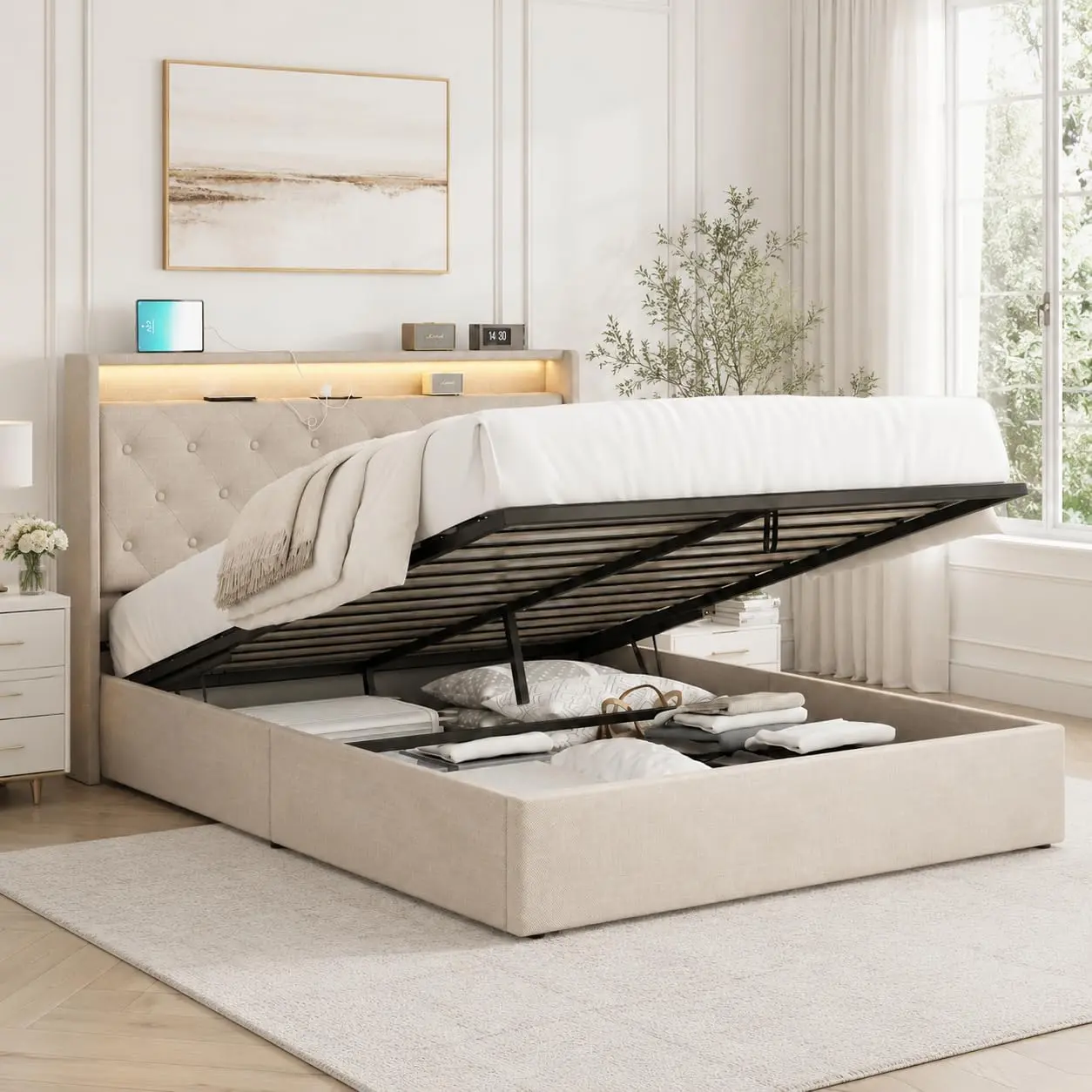 Queen Size Lift Up Bed Frame, Upholstered Button Tufted Wingback Bed with LED Lights & Charging Station, Hydraulic Storage Bed Frame w/Wood Slats, No Box Spring Needed (Beige, Queen)
