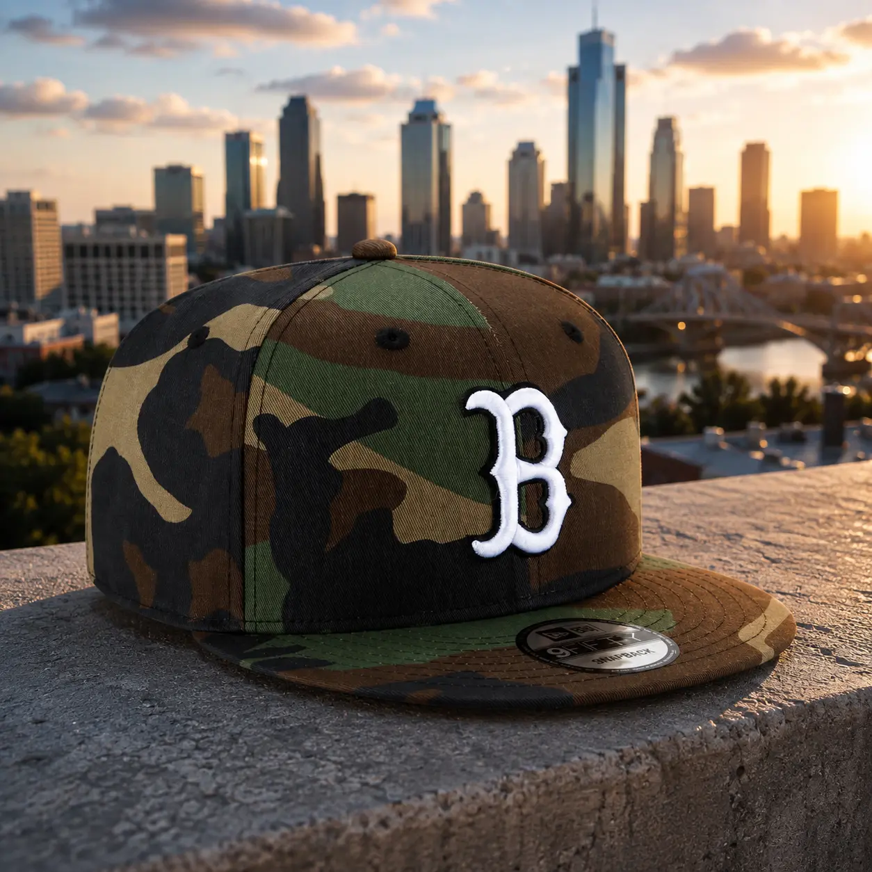 Boston Camo 9FIFTY Snapback Hat – Woodland Camouflage Flat Brim Baseball Cap, Embroidered Streetwear Style