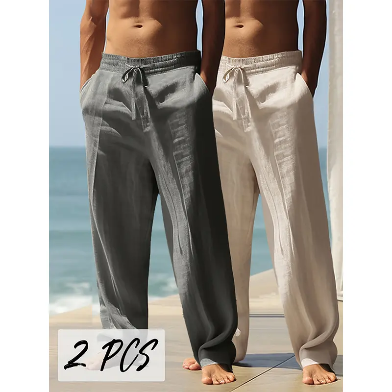 Pack of 2–3 men’s casual straight-leg pants for summer—fashionable outdoor walking, camping, and vacation wear with a flowy drape. Cool, breathable, soft, and comfortable long pants for vacations. Menswear Trouser Pocket Trouser Plain Linen, Cotton, Mid W