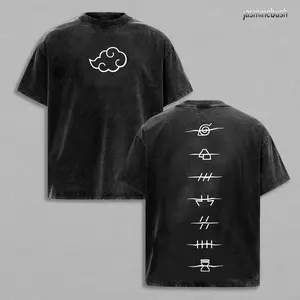 Unisex Naruto Anime Akatsuki Clan Logo Retro Washed Men’s Shirts, Oversize Heavyweight Cotton Short-Sleeve Round Neck Tshirt, High-Quality Vintage Streetwear Top for Naruto Fan Casual Wear