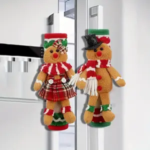 Festive Christmas Gingerbread Man & Woman Refrigerator Handle Covers, 2-Pack Polyester, Classic Holiday Kitchen Decoration, No Power Needed