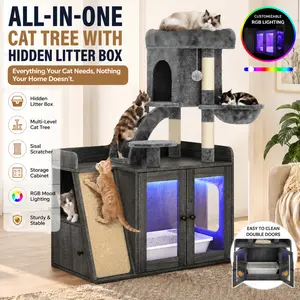 Cat Tree with Litter Box Enclosure Hidden Cat Litter Box Furniture with RGB Light Sisal Scratching Board Multi Level Cat Tower Storage Cabinet for Indoor Cats Apartment Living Room Cat Condo Pet House