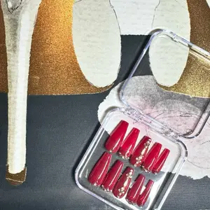 EXCLUSIVE KLAWS Luxury Press On Nail Set Long Sexy Red with Rhinestone Nails in Coffin Shape with Storage Container Cuticle Pusher Alcohol Wipe Nail Glue & File for Professional Finish