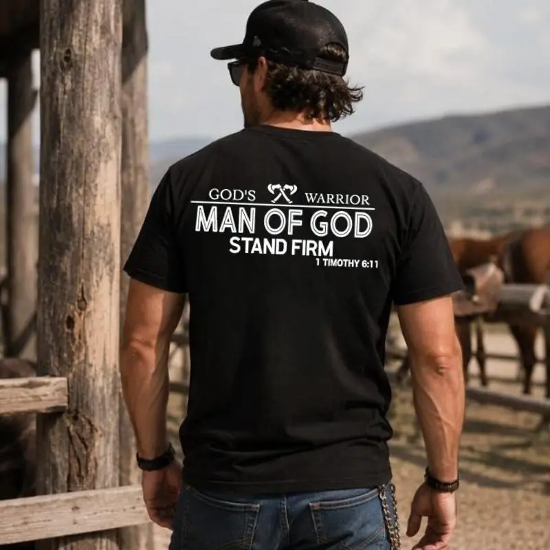 Man Of God Stand Firm Christian T-Shirt, God's Warrior Bible Verse Tee, 1 Timothy 6:11 Faith Shirt, Christian Gift for Men Hoodie - Sweatshirt