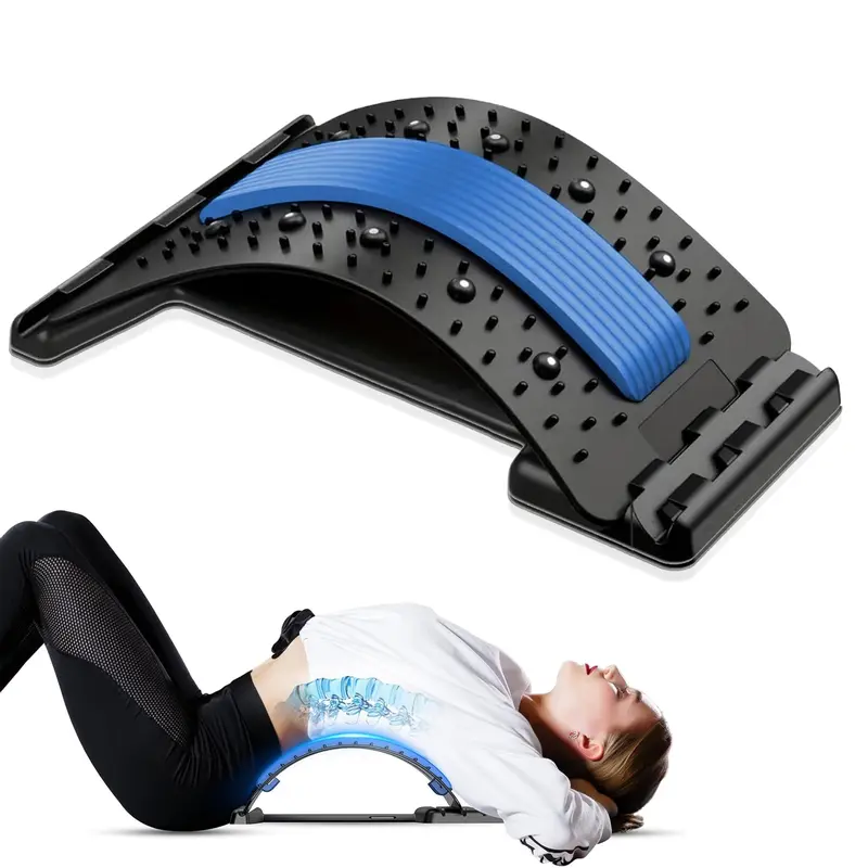 4-Level Back Stretcher for Lower Back Pain Relief, Adjustable Lumbar Back Cracker Board for Sciatica & Scoliosis, Spine Decompression Device with Acupressure Massager & Soft Blue Cushion