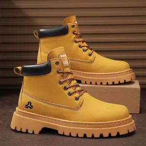 (New)2026 Autumn New Mens British Retro Workwear Yellow Boots Thick Sole Height Increasing Versatile  High Top Boots