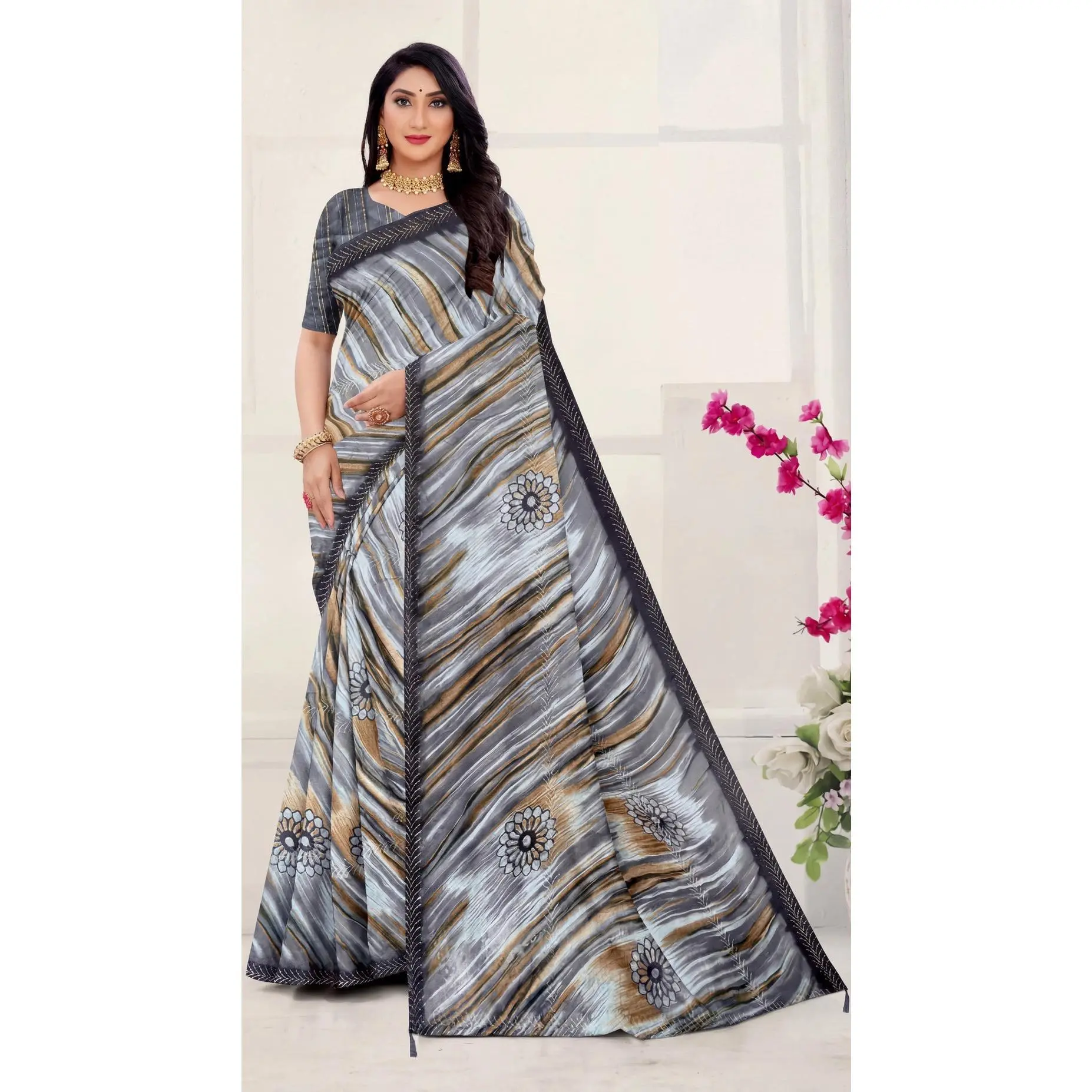 Navy Blue Georgette Saree with Printed Swarovski Stone Work, Striped Motifs and Contrast Border