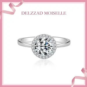 Delzzad S925 1ct Round Synthetic Moissanite Luxurious Bling Halo Ring Daily Costume Jewelry Accessories Perfect Birthday Wedding Engagement Anniversary Gifts for Women