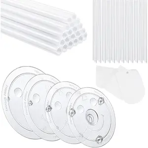 20 Plastic White Cake Sticks Dowel Rods, 4 Cake Dividers for 4, 6, 8, 10 Inch Cakes, 12 Clear Stacking Dowels, Different Patterns Cake Scrapers for Tiered Stacking, 9.4inch