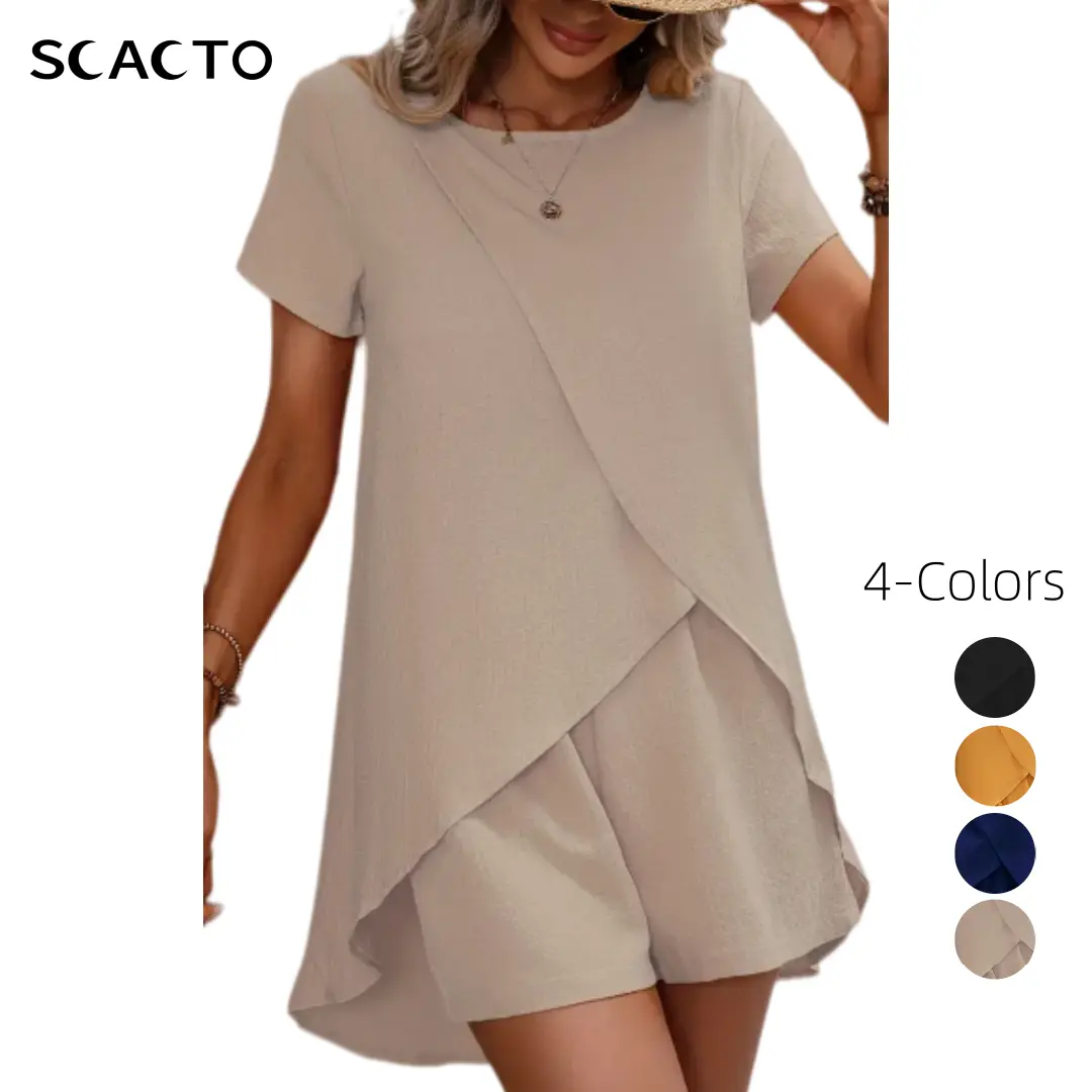 Scacto Women's 2-Piece Basic Casual Set - Short Sleeve (shortsleeve) Crew Neck Asymmetric Hem Top, Fitted Cut Shorts, Polyester Women's Clothes for Summer
