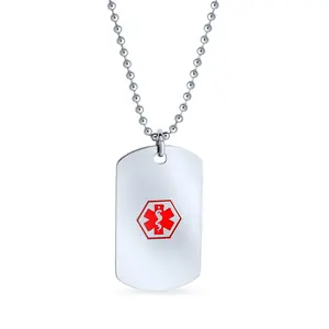 Pre-Medical ID Diabetic Dog Tag Pendant Necklace Silver Tone Stainless Steel