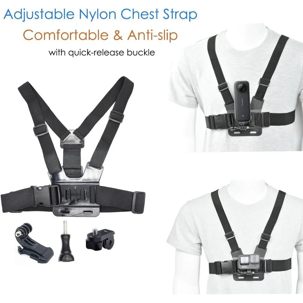 Chest/Head Strap Mount Bundle for Insta360 X5/X4/X3, GoPro & DJI| 4-in-1 Chest/Backpack/Head/Wrist Mount, Nylon & Microfiber, 360° Rotation, Non-Slip Adjustable, for Hiking, Cycling & Skiing Camera