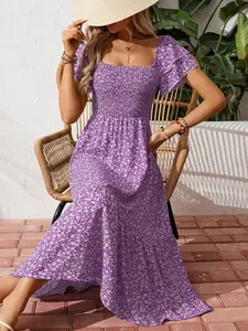 Women's Square Neck Bubble Sleeve Ditsy Floral Dress Long Skirt, Casual Floral Dress for Leisure Occasions, Stylish Women's Clothing