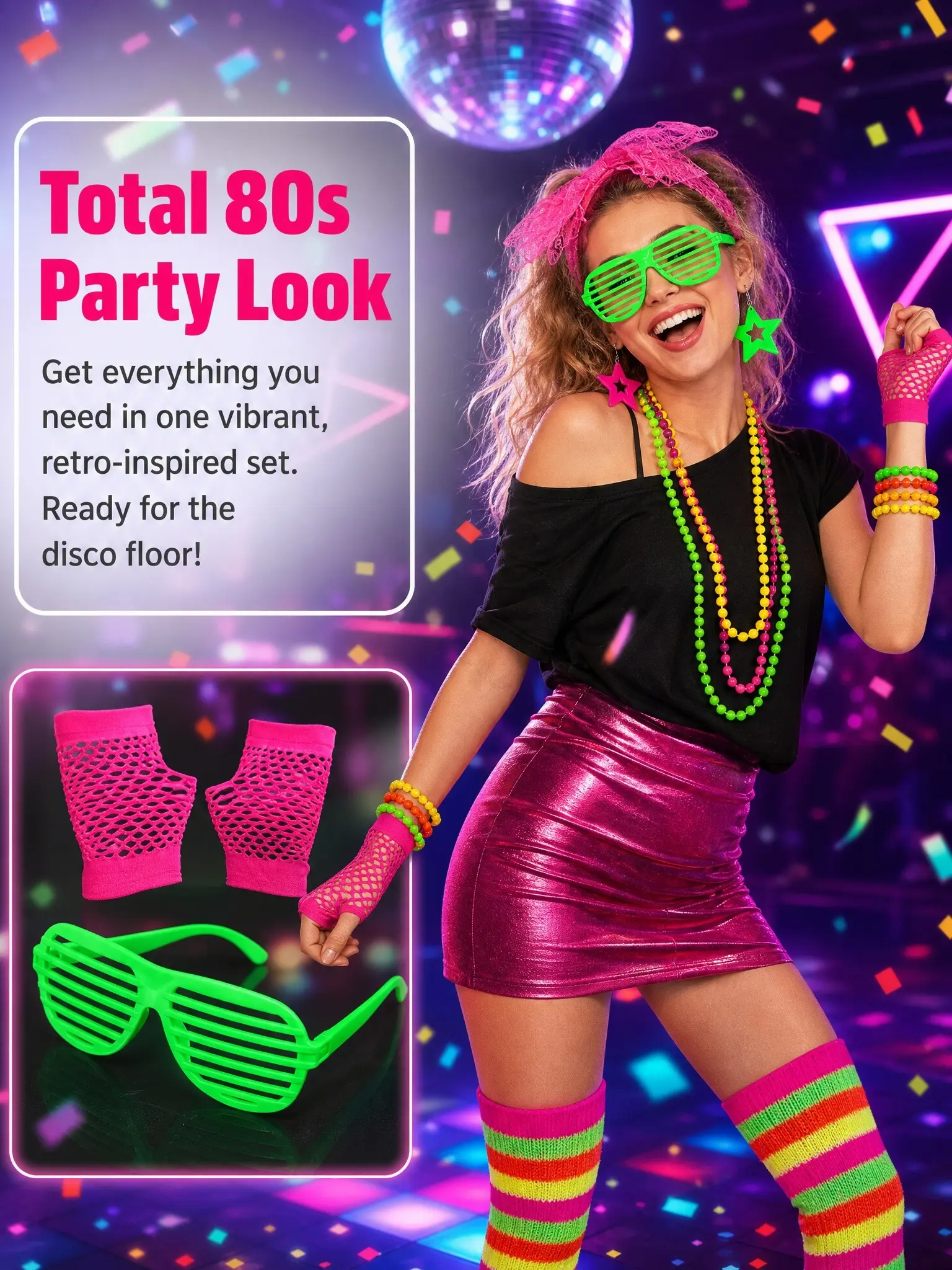 80s Retro Party Set, Neon Color Accessories, Party Photo Prop, Includes Headband, Goggles, Gloves, Necklace, Leg Warmers, Party Supplies Set, Perfect for Theme Parties