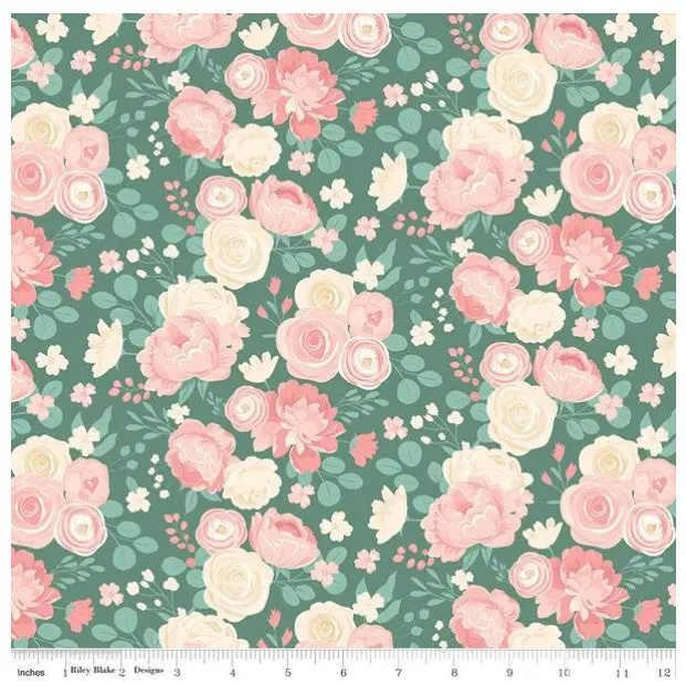 At First Sight Riley Blake Fabric - sage green background with pink roses