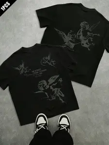 Men's Loose Fit Fashion Print Crewneck T-Shirt, Vintage Cupid Angel Pattern, Casual Daily Wear, Unisex, Youth College Street Style