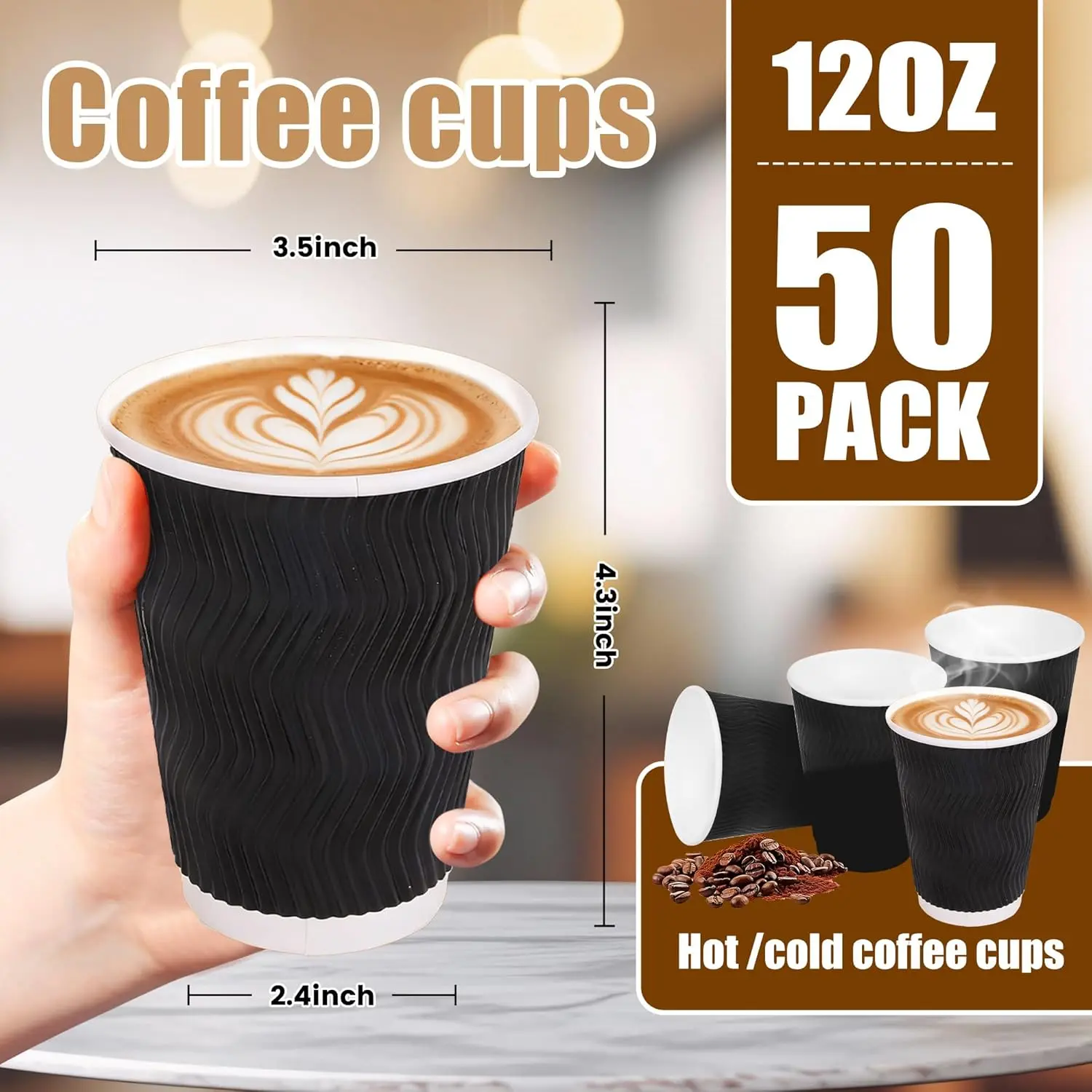 Disposable Coffee Cups 12 oz, 50-Pack Corrugated Insulated Paper Cups for  Hot and Cold Drinks, Ripple Wall Design, Black - TikTok Shop