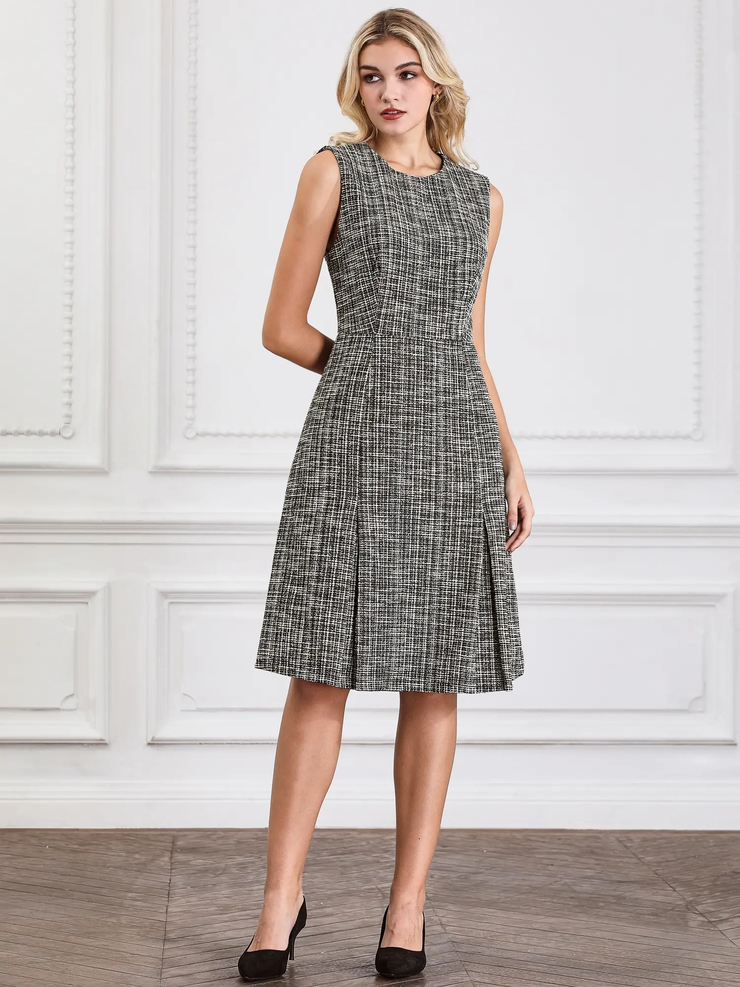 INSPIRE CHIC Women's Tweed Dress Knee Length A-Line Sleeveless Work Dress