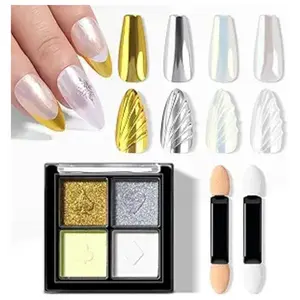 Pearl Chrome Nail Powder Kit, Chrome Pallete for Nails 4 Colors - Gold, Silver, Moonlight White, Iridescent Yellow, Pearl Mermaid Aurora Effect Pigment for Gel Polish, Gift for Women