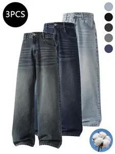 3-pack men’s jeans for autumn/winter, high cotton content, simple versatile straight-leg classic vintage jeans—men’s pants suitable for everyday commuting and casual wear.