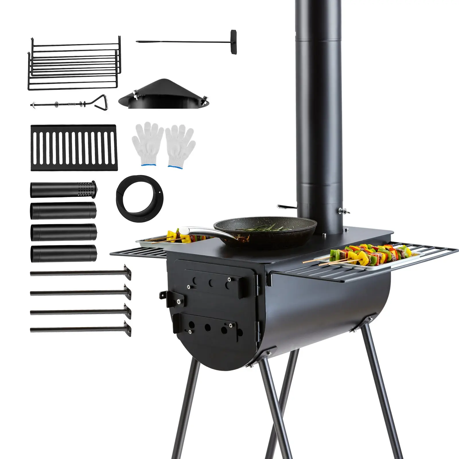 【Summerfinds】VEVOR Wood Stove, 118 inch, Alloy Steel Camping Tent Stove, Portable Wood Burning Stove with Chimney Pipes & Gloves, 3000in³Firebox Hot Tent Stove for Outdoor Cooking and Heating with 8 Pipes