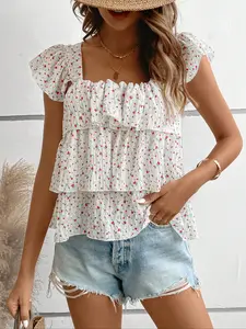 Cottagecore Ruffled Ditsy Floral Pleated Blouse, Lady, Summer Fitted Cottage Aesthetic Top Y2K Frill Trim Floral Square Neck Blouse, Ruffled Floral Crop Top, Casual Shirts