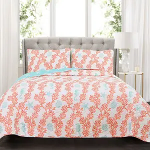Lush Decor Dina Coral Quilt 3 Piece Set with Floral Design, Soft Fabric, and Coordinating Pillows