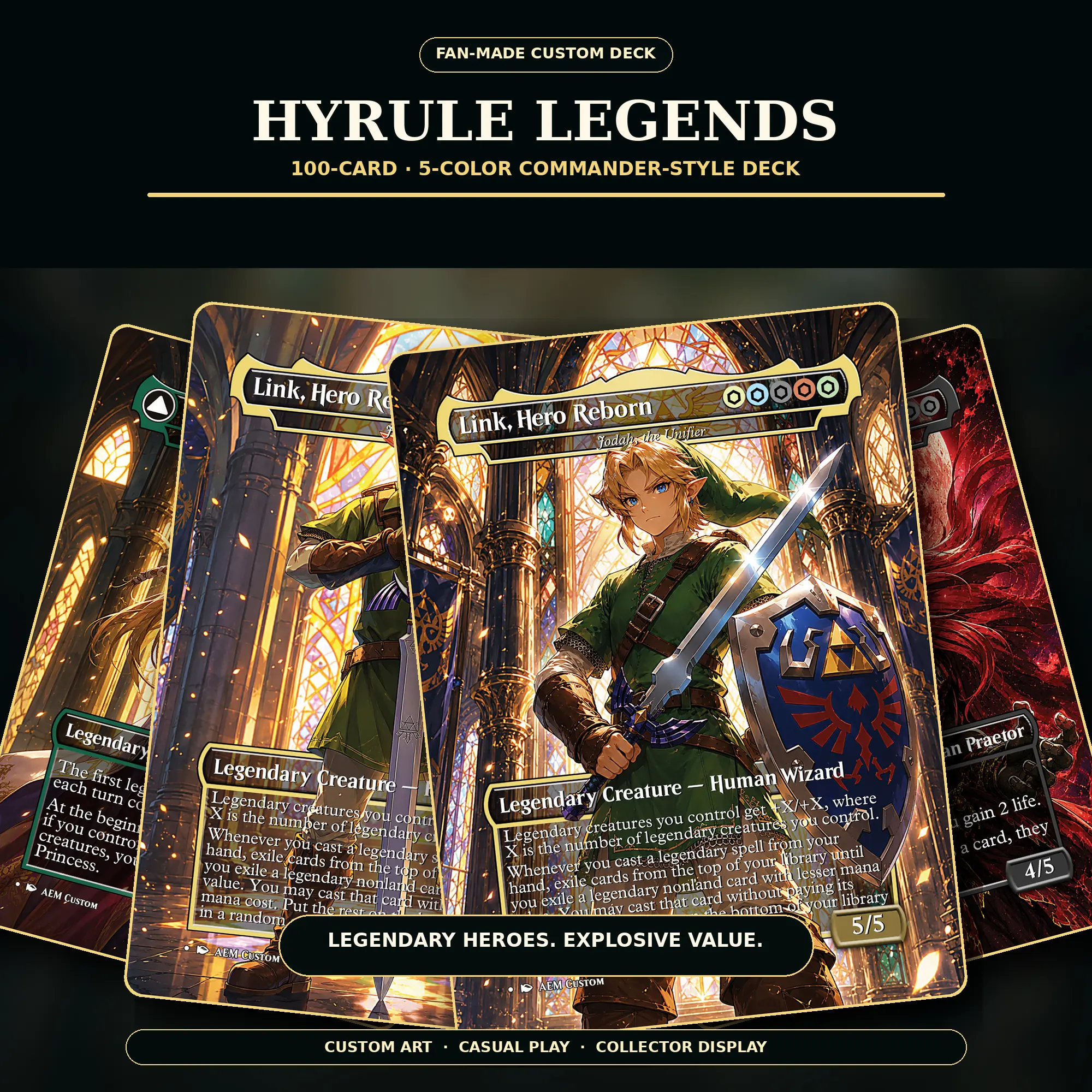 Hyrule Legends Link Hero Reborn Complete Commander Deck – 100 Cards, Five-Color Legendary Heroes, Jodah Cascade Value & Custom Fantasy Art EDH Set