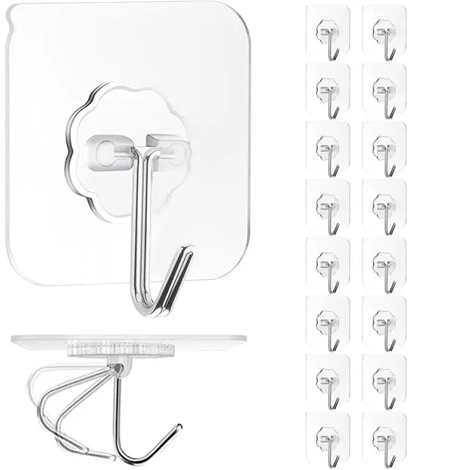 16PCS Adhesive Wall Hooks – Heavy Duty Self-Adhesive Transparent Hooks, Waterproof Wall Hooks for Bathroom, Kitchen, Doors & Outdoor Use (33lb Max Load)