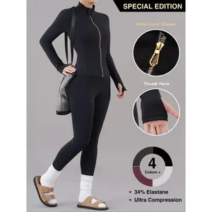 Women's 2-Piece Solid Long Sleeve Zip-Up Jacket & High Waist Below-the-Ankle Leggings Tracksuit Set, Breathable Comfy Athletic Activewear for Yoga, Gym, All Seasons Sportswear