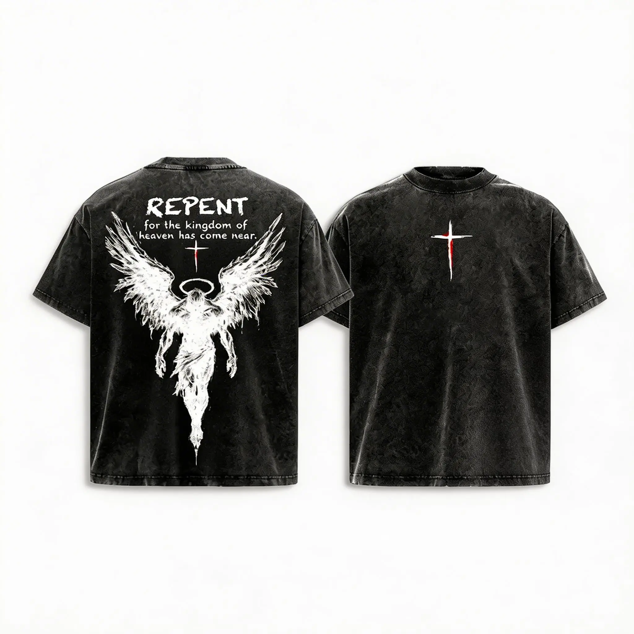 Repent Vintage Washed Oversized Christian T-Shirt, Angel Wings Faith Graphic Tee, “Kingdom of Heaven Has Come Near” Gospel Streetwear Top,   Vintage Washed Cotton T-Shirts Casual Streetwear Baggy Tops