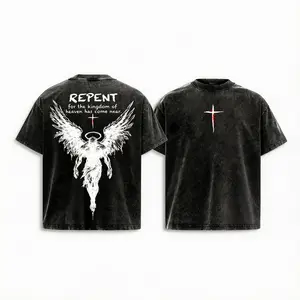 Repent Vintage Washed Oversized Christian T-Shirt, Angel Wings Faith Graphic Tee, “Kingdom of Heaven Has Come Near” Gospel Streetwear Top,   Vintage Washed Cotton T-Shirts Casual Streetwear Baggy Tops