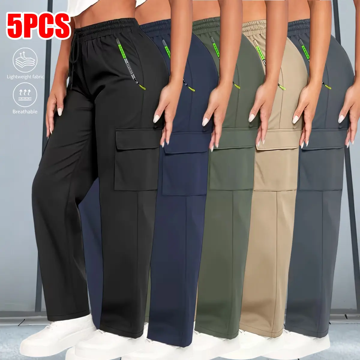 Women's Casual Lightweight Cargo Pants, All Seasons Outdoor Trousers with an Elastic Drawstring Waist and Multiple Pockets, Pocketed