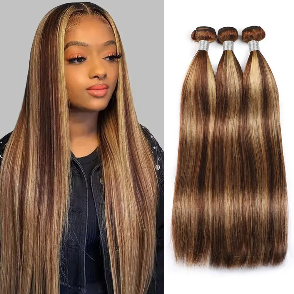 15A Highlight Honey Blonde Brazilian Human Hair Bundles Weave For Women Ombre Brown 1 2 3 4 Bundles Deal 28 inch Remy Hair Extensions Straight Body Wave Loose Deep Wave Hair Weft