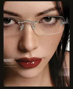 TIJN Rimless Rectangle Glasses for Women Men,Fashion Frameless Designer Shades Y2K Square Clear Glasses, Emblematic A 02