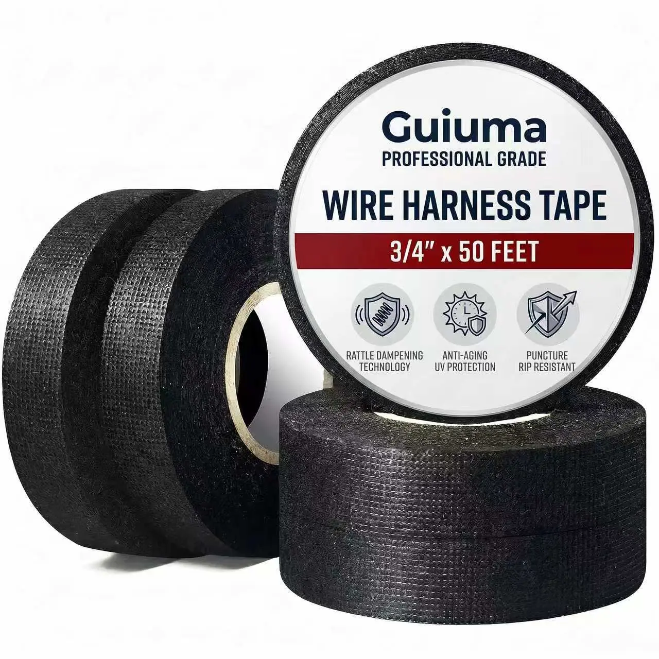 Adhesive Cloth Tape - 5-Roll Heavy-Duty, High-Temperature Resistant, Waterproof OEM Automotive Repair Insulating Tape, 3/4" x 50ft (250ft Total) for Engine Wiring, Noise Damping