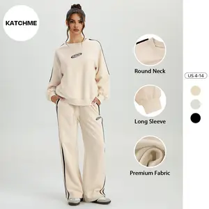 KatchMe Women's Sports Crew Neck Bold Stripe Letter Print Sweatshirt & Wide Leg Trousers Co-ord, Versatile Loose Tracksuit, Athleisure Sweatsuits Set