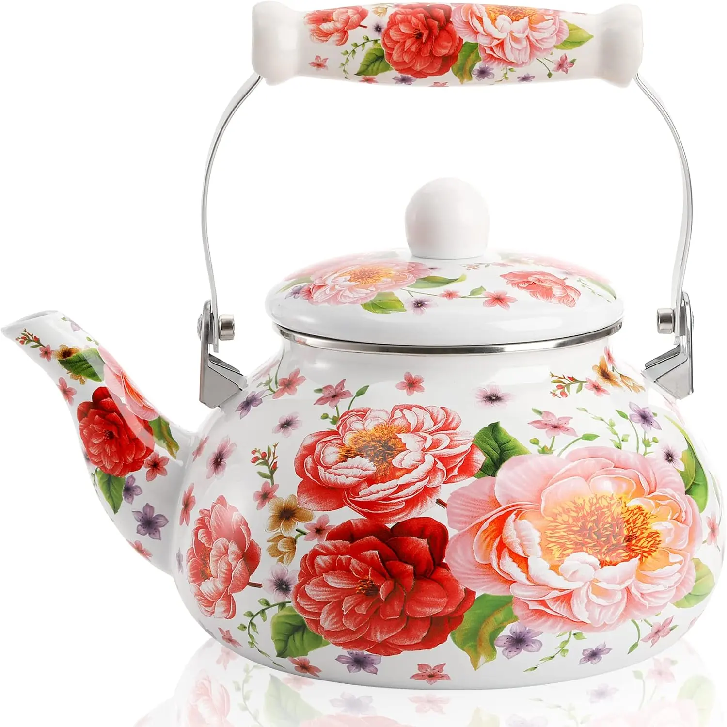 2.6 Quart Enamel  Kettle Stovetop, Large Porcelain Enameled Teakettle, 2.5L   Pot with Ceramic Cool Handle, Colorful Floral Steel Teapot for Hot Water, Retro Decor, No Whistling