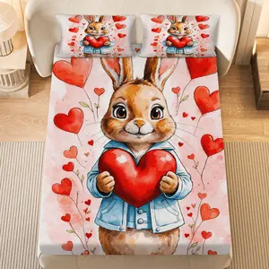 3Pcs Rabbit Heart Love Fitted Sheet Three Piece Set (1*Fitted Sheet+2*Pillowcases, Coreless), Valentine's Day theme, Cute  Bedding Set, Mattress protector Soft, Breathable