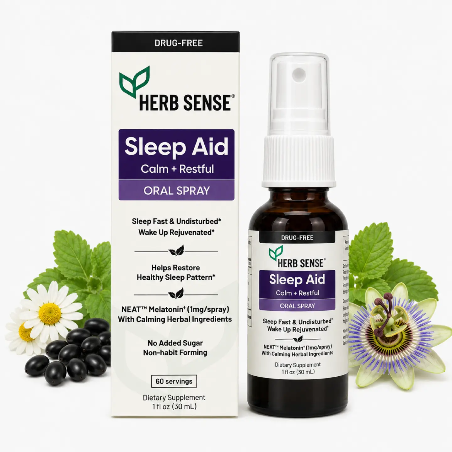 Herb Sense Sleep Aid -1 fl oz Oral Spray with 5.HTP & 50% Herbal Blend, Mucosal Absorption, 180 Servings, Vegan, Gluten & Sugar Free, Designed for Sensitive Stomach, Drug-Free Solution for Calm Sleep