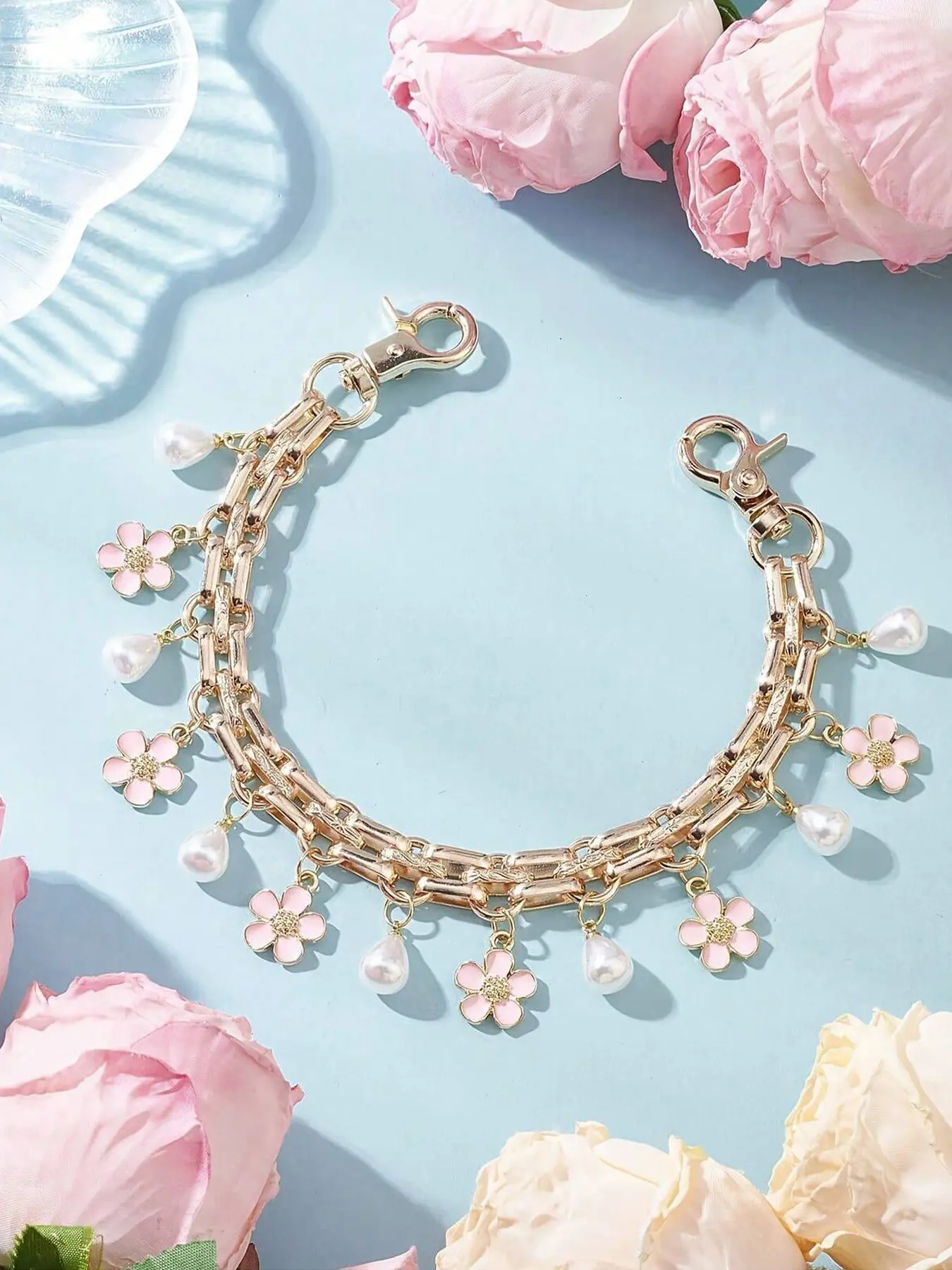 Cherry Blossom & Pearl Double Layer Bag Chain Charms, Floral Enamel Bag Decoration Keychain, Elegant Coquette Bag Pendant for Backpack Purse, Ideal for Romantic & Floral Style Lovers, Flower Bag Charm, Girly Purse Accessories, Bag Accessory