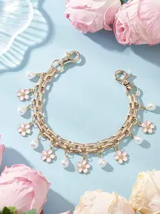 Cherry Blossom & Pearl Double Layer Bag Chain Charms, Floral Enamel Bag Decoration Keychain, Elegant Coquette Bag Pendant for Backpack Purse, Ideal for Romantic & Floral Style Lovers