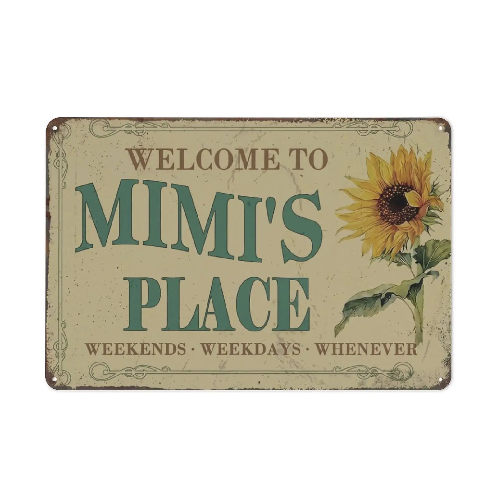 Vintage "Welcome To Mimi's Place" Hanging Farmhouse Sign - 8x12in Rust-Resistant Sunflower Plaque, Casual Rustic Wall Decor, Mountable Grandma Gifts with Nail for Study, Home Supplies